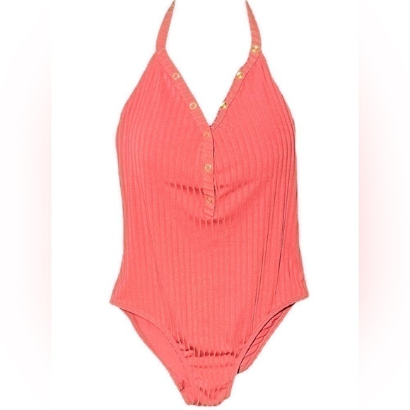 No Boundries Junior Halter One Piece Ribber Swimsuit Low Cut Medium Dark Orange - Picture 1 of 16